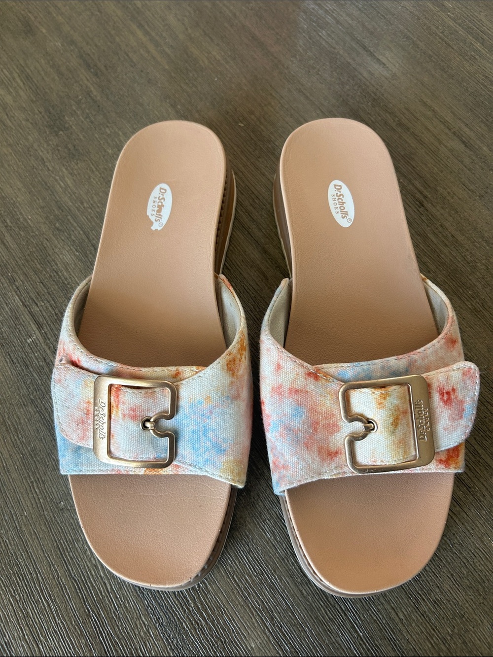 Dr. Scholl's Pastel Tie-Dye Slide Mules with Gold Buckle, Gently Used.